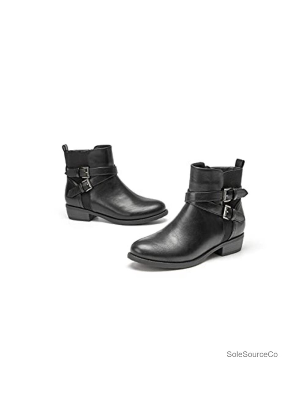 Women's Ankle Boots Round Toe Low Heel Elastic Booties Side Zipper Buckle Strap
